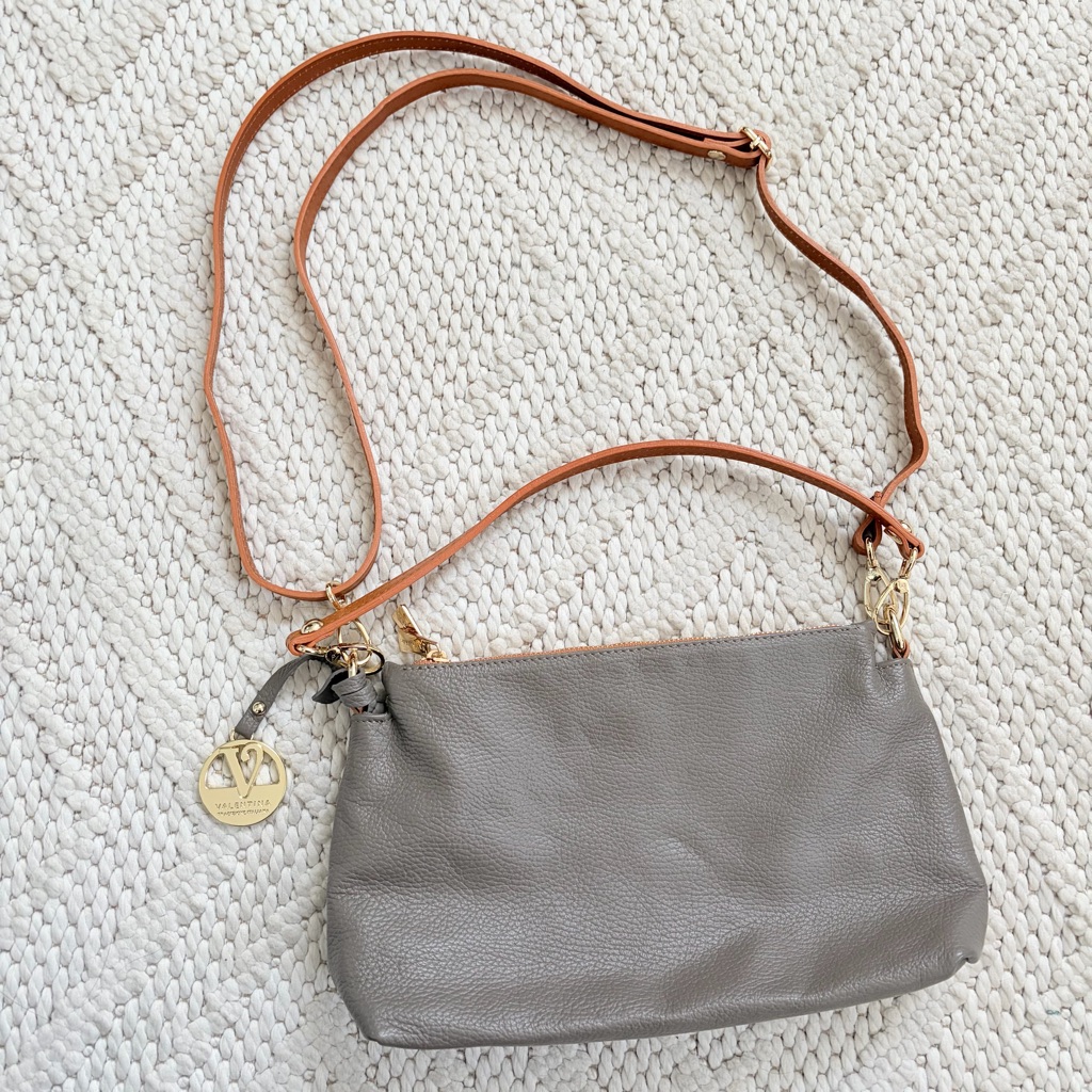 Valentina Triple Entry Taupe Gray Leather Crossbody Shoulder Bag Purse Nwot
